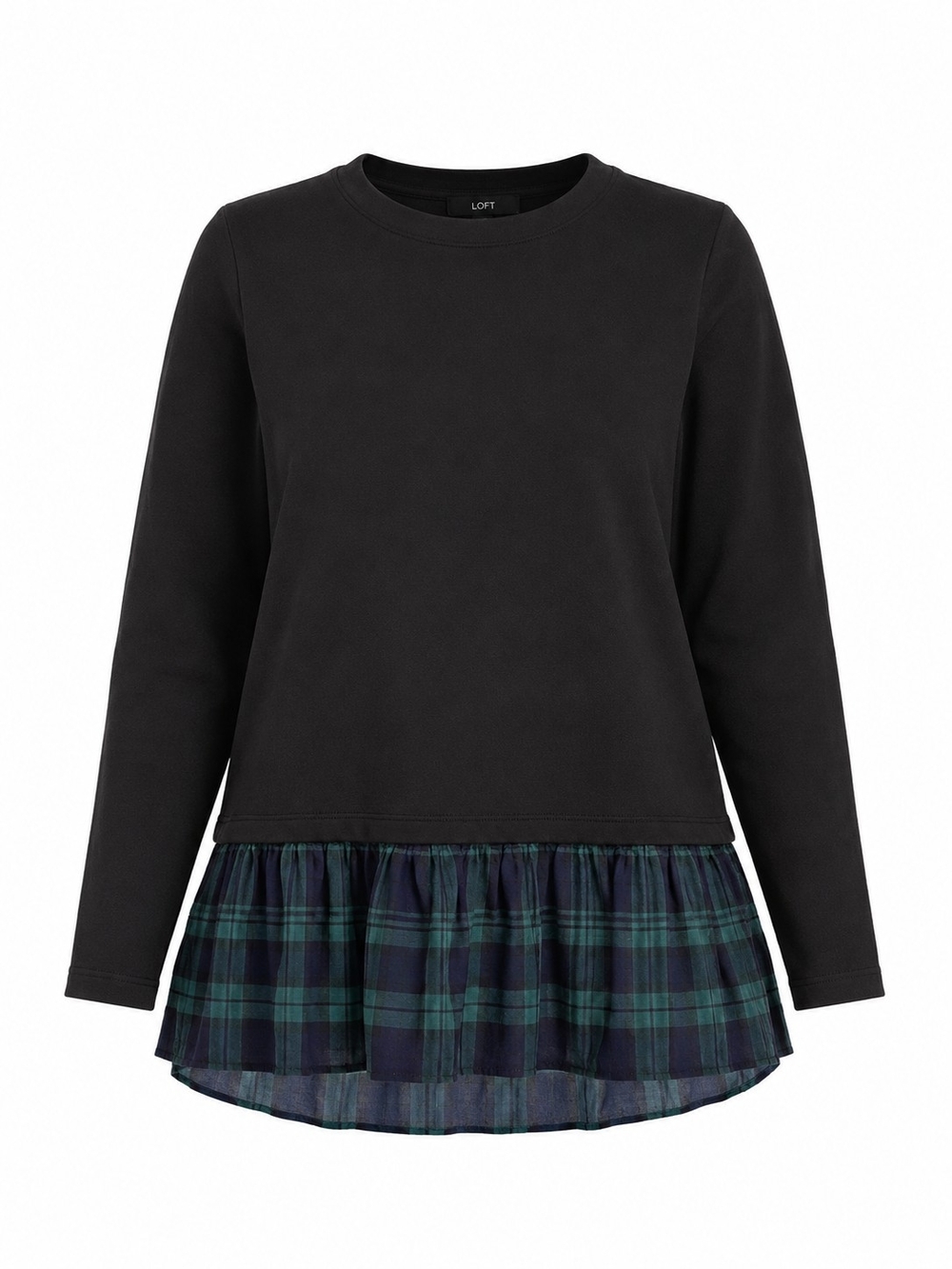 LOFT | Black Top Green Navy Plaid Layered Shirttail Hem Sweatshirt Preppy | XXL